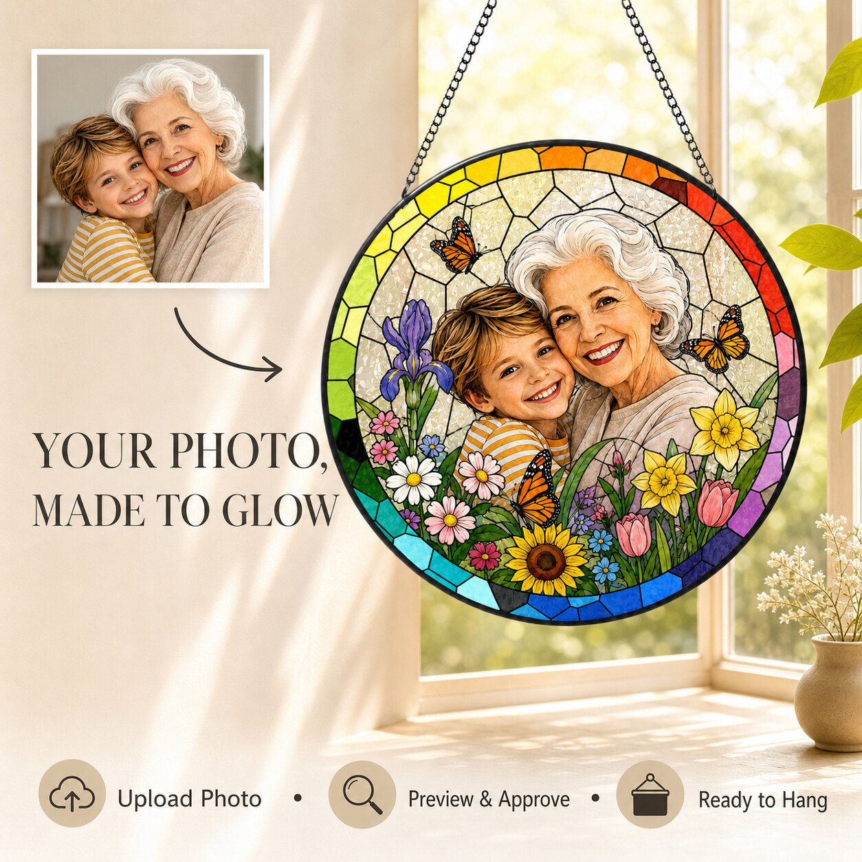 Personalized Rainbow Garden Photo Stained Glass Suncatcher