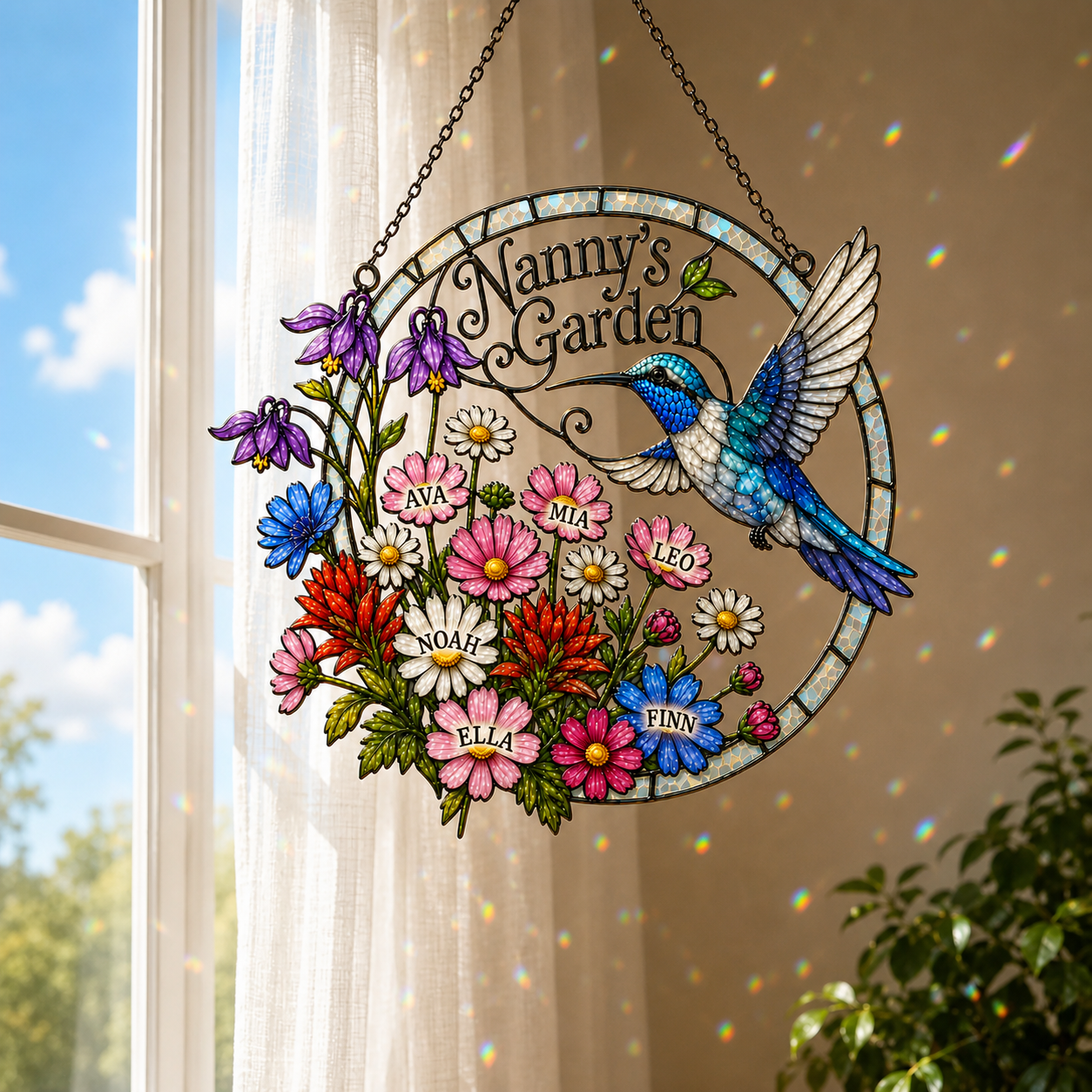Personalized Nanny's Garden Hummingbird Holographic Acrylic Suncatcher