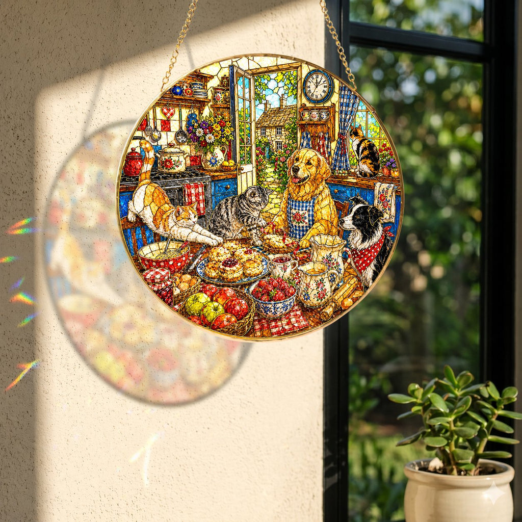 Cats and dogs cottage stained glass suncatcher