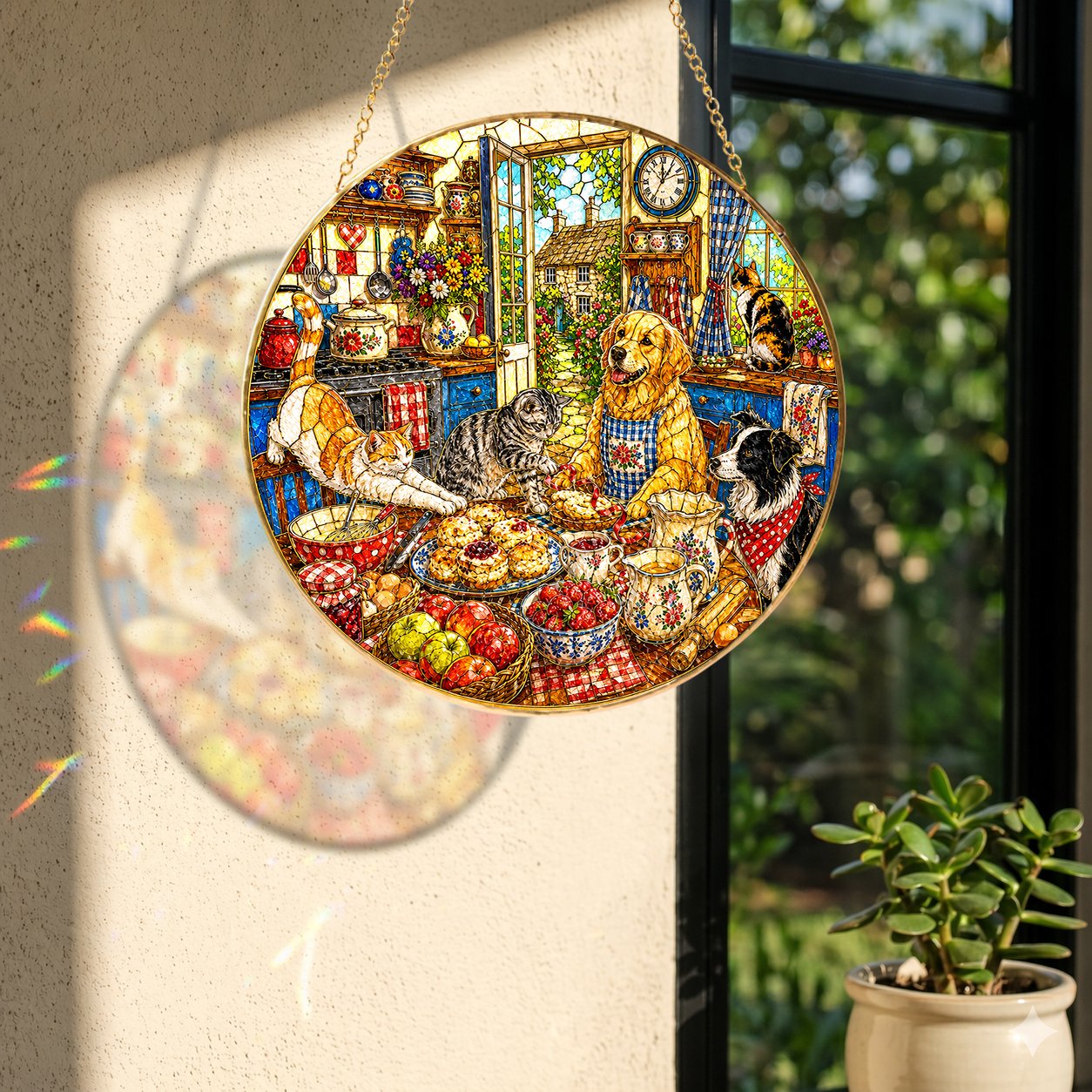 Cats and dogs cottage stained glass suncatcher