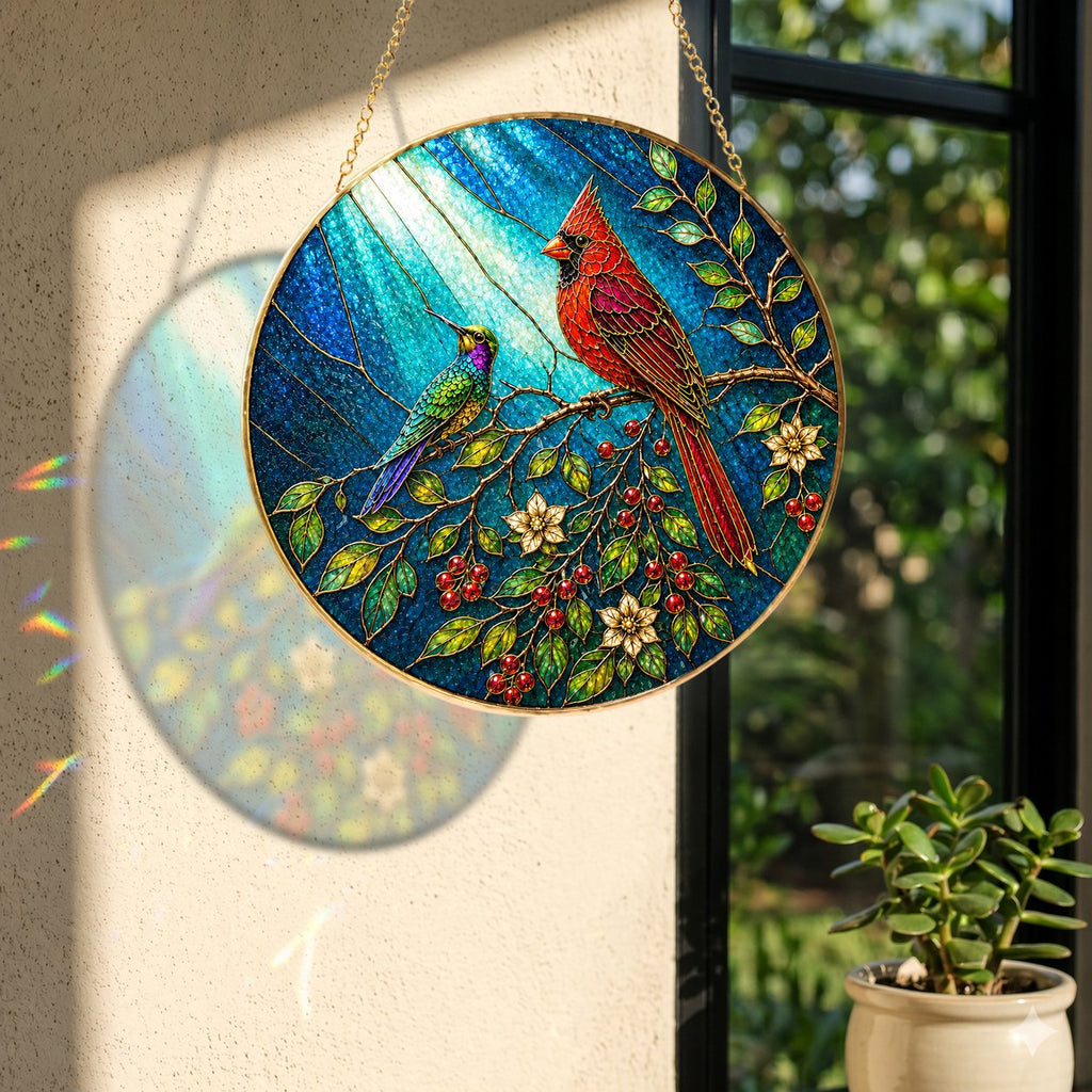 Cardinal Bird Stained Glass Suncatcher