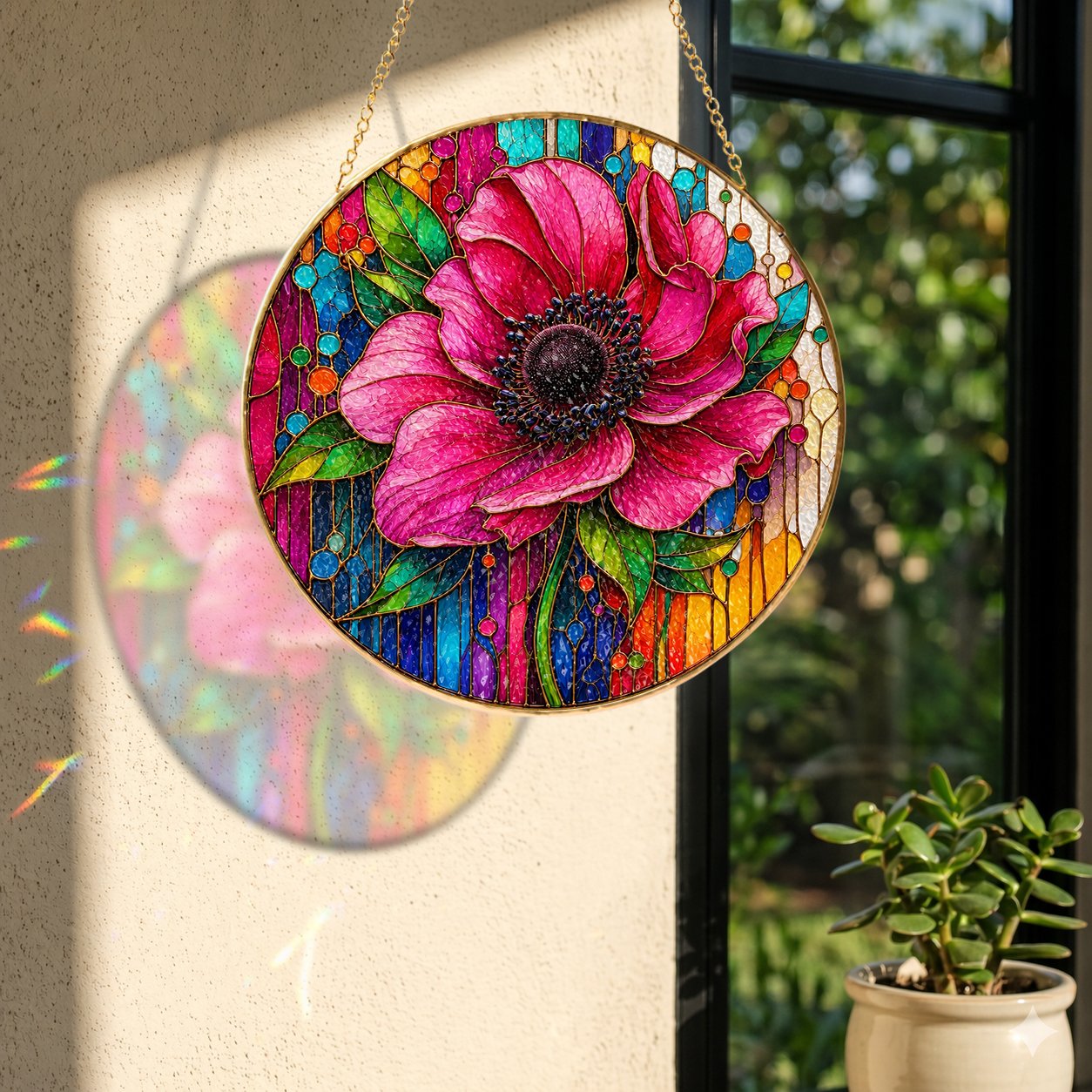Pink Anemone Floral Stained Glass Suncatcher