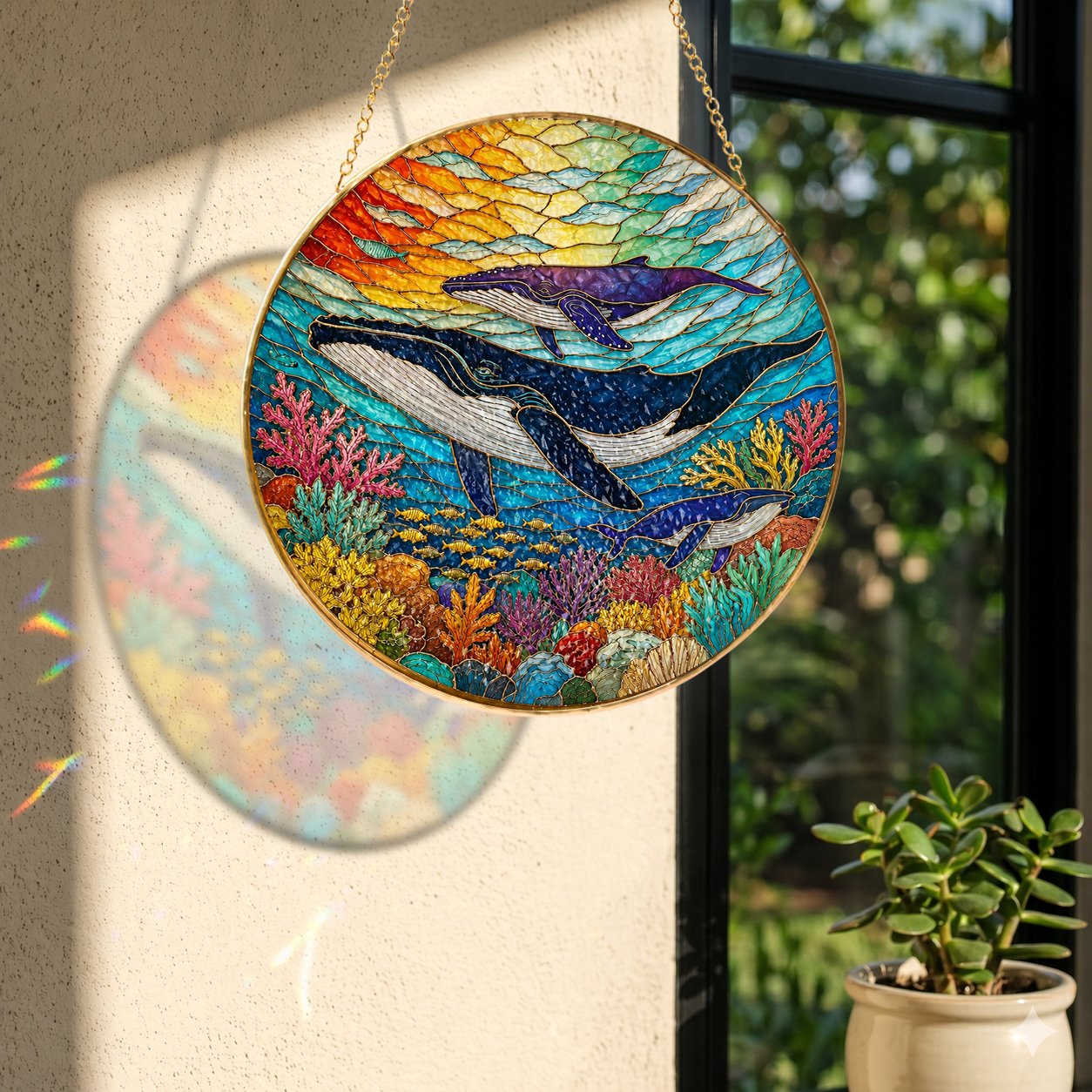 Whale Ocean Stained Glass Suncatcher