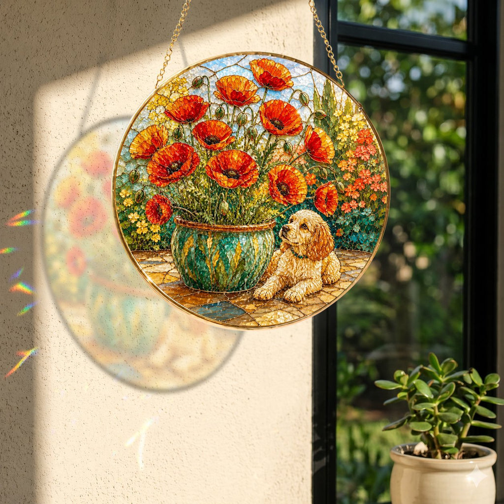 Poppy and Puppy Stained Glass Suncatcher
