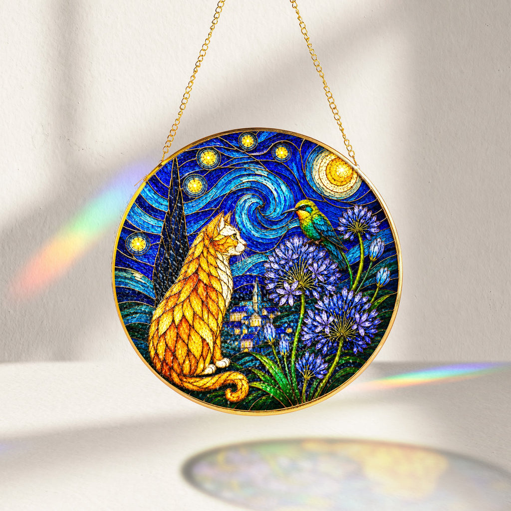Starry Night Cat Stained Glass Suncatcher