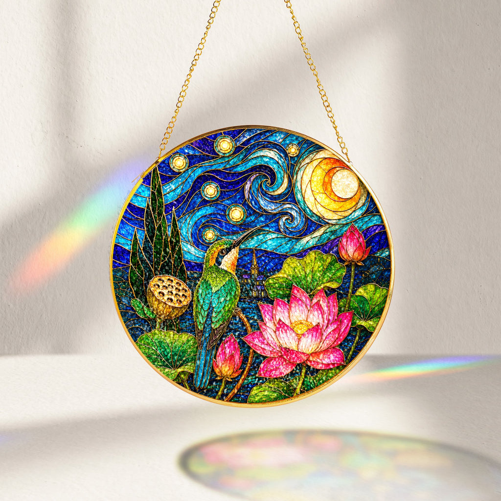 Hummingbird Lotus Stained Glass Suncatcher