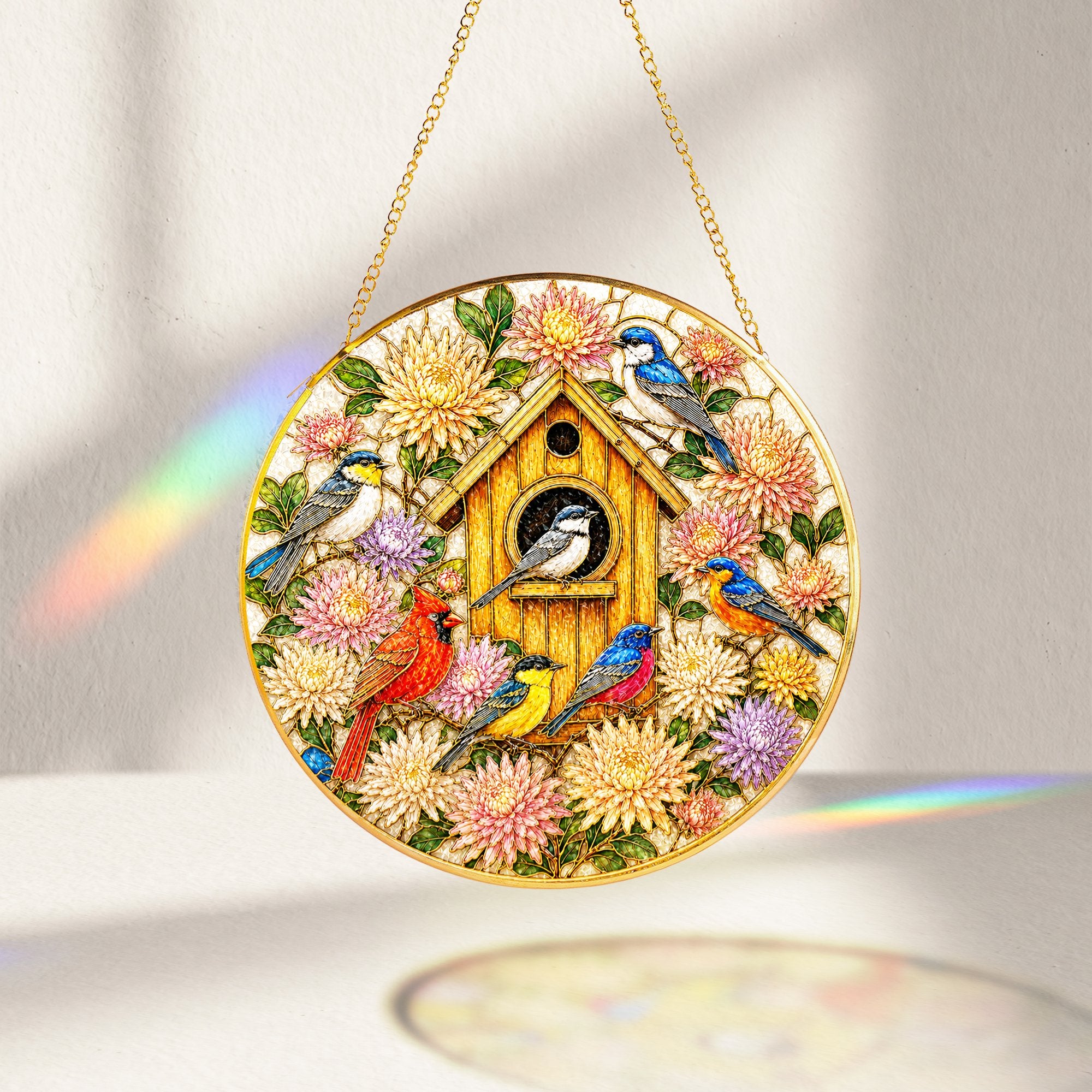 Birdhouse Birds Stained Glass Suncatcher