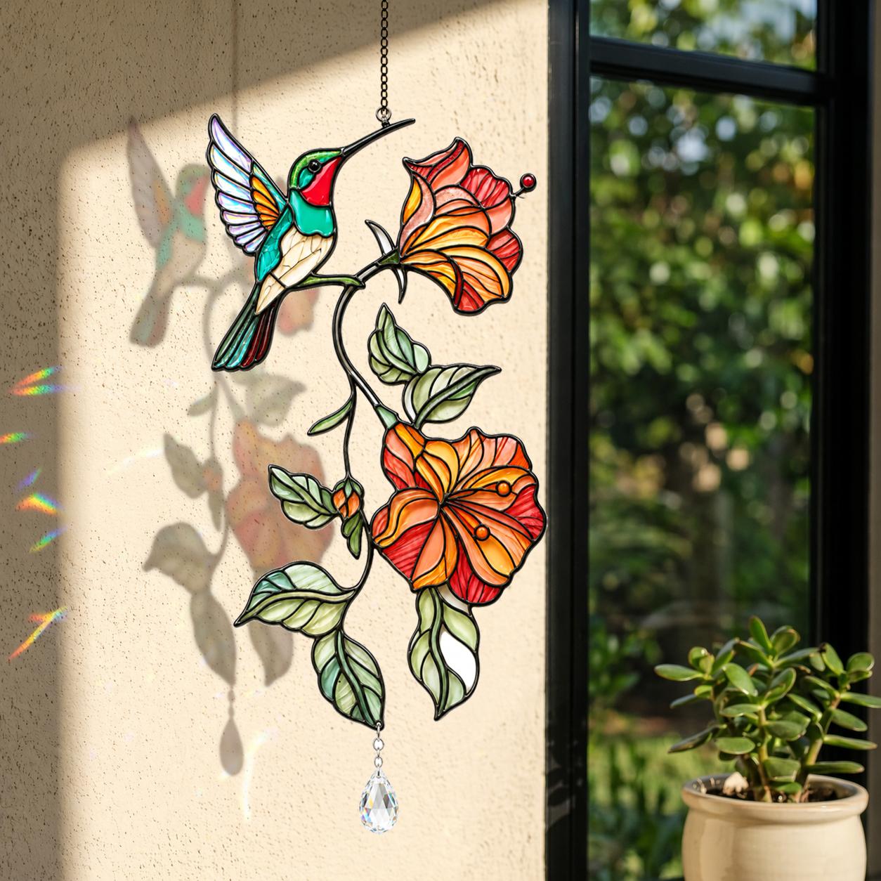 Hummingbird Blooming Vine Holographic Acrylic Suncatcher with Charm