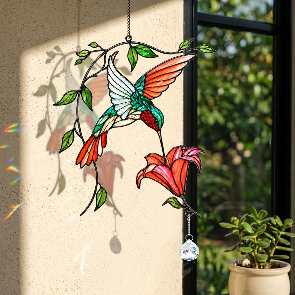 Hummingbird Blooming Vine Holographic Acrylic Suncatcher with Charm