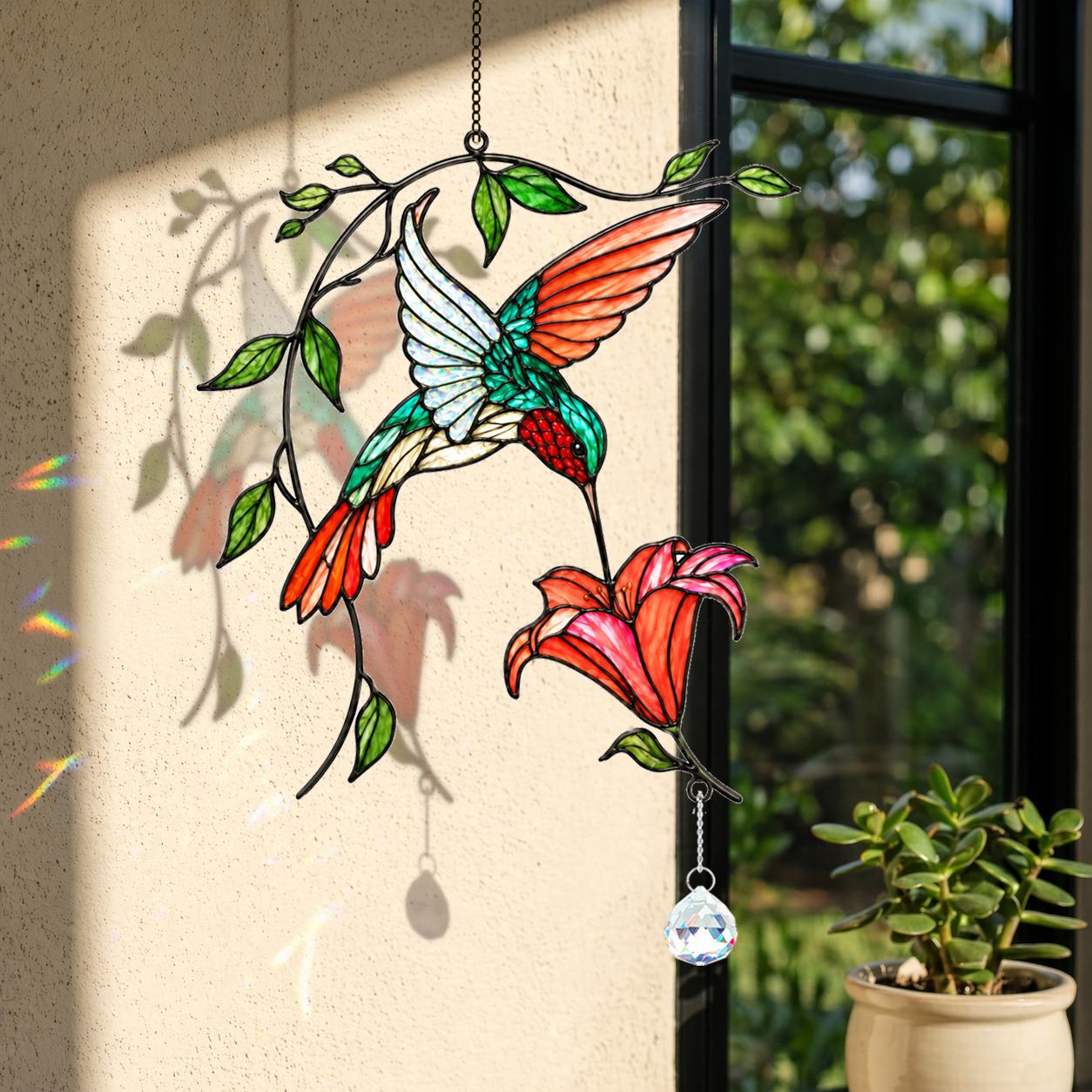 Hummingbird Blooming Vine Holographic Acrylic Suncatcher with Charm