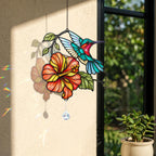 Hummingbird Blooming Vine Holographic Acrylic Suncatcher with Charm