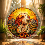 Dog memorial puzzle suncatcher glowing in a sunny window