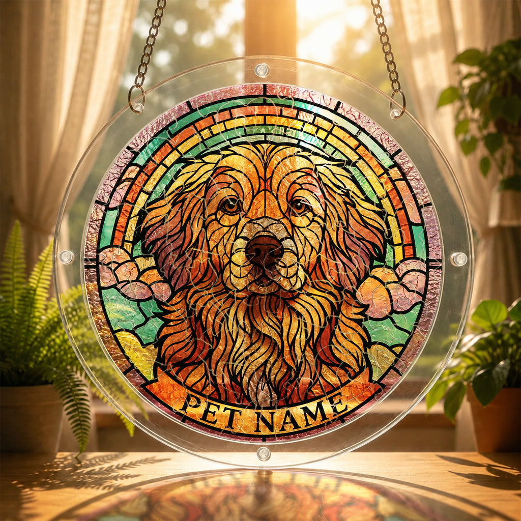 Dog memorial puzzle suncatcher glowing in a sunny window