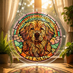 Dog memorial puzzle suncatcher glowing in a sunny window