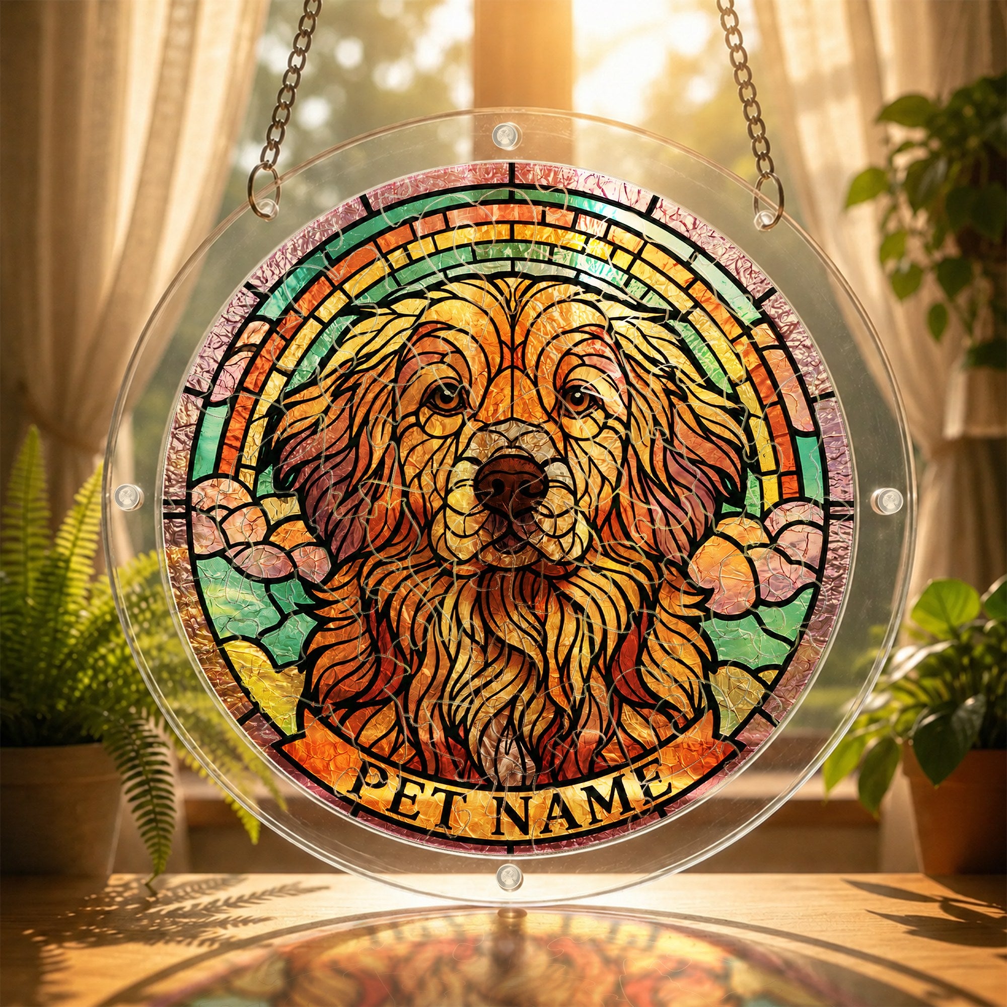 Dog memorial puzzle suncatcher glowing in a sunny window