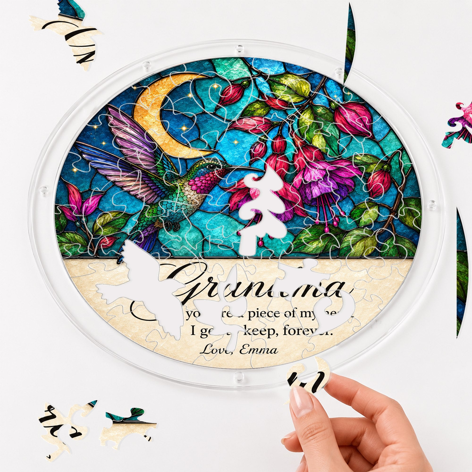 Personalized Grandma Hummingbird Acrylic Puzzle Suncatcher