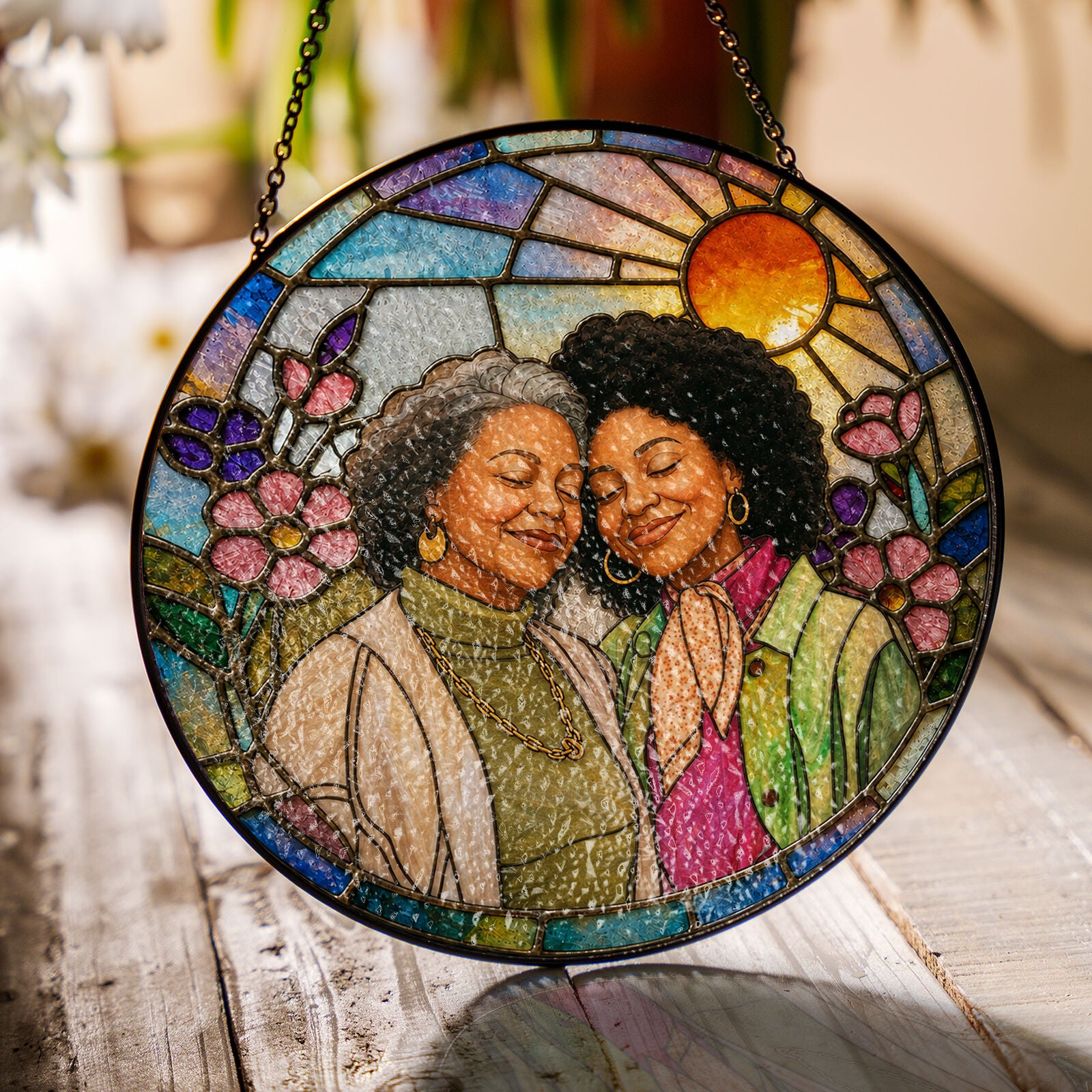 Personalized Blossom Sunrise Photo Stained Glass Suncatcher