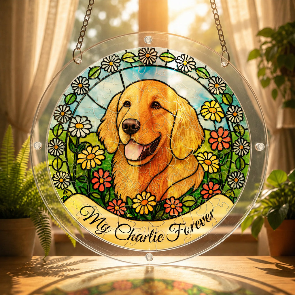 Golden retriever daisy garden suncatcher glowing in warm sunlight by a window with plants