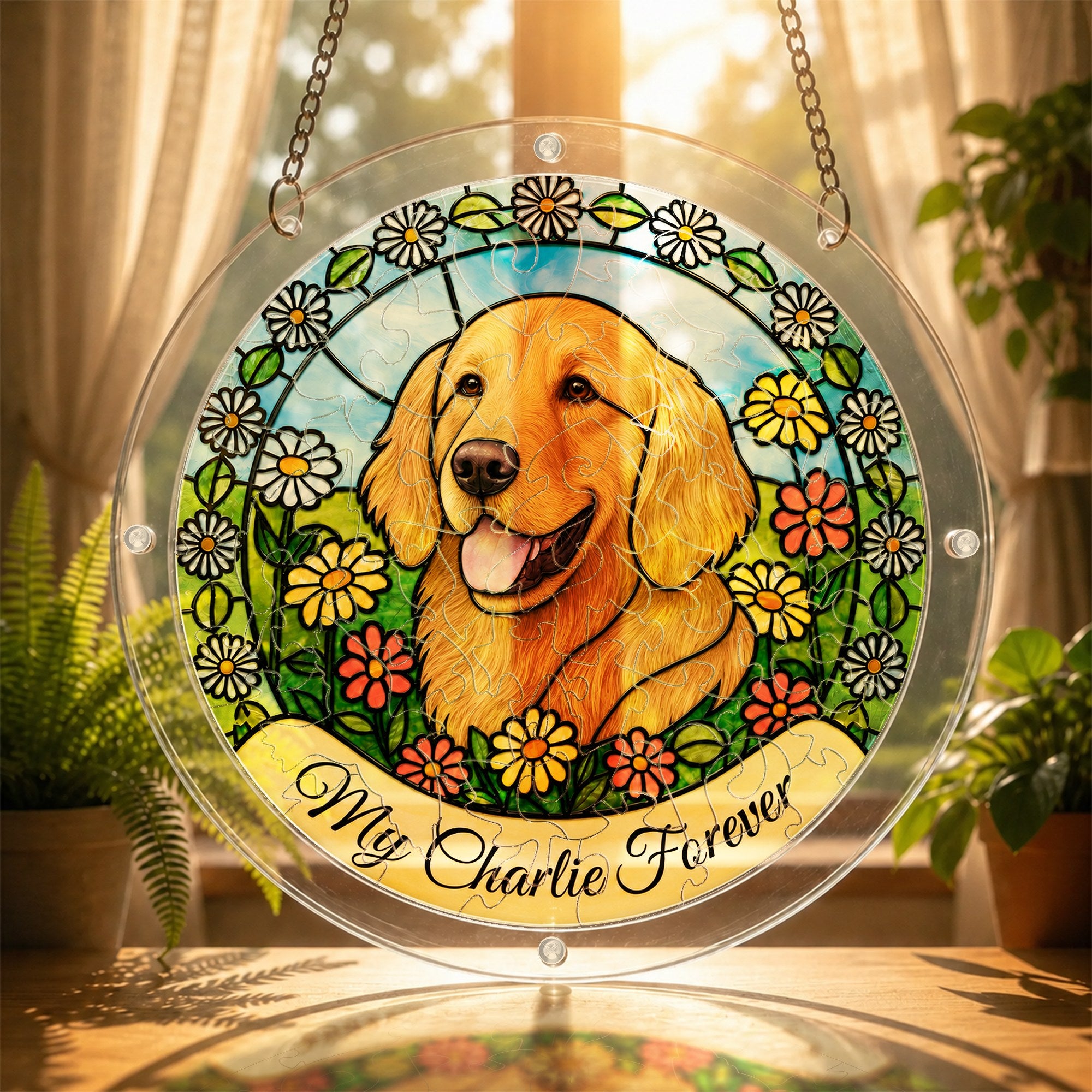Golden retriever daisy garden suncatcher glowing in warm sunlight by a window with plants