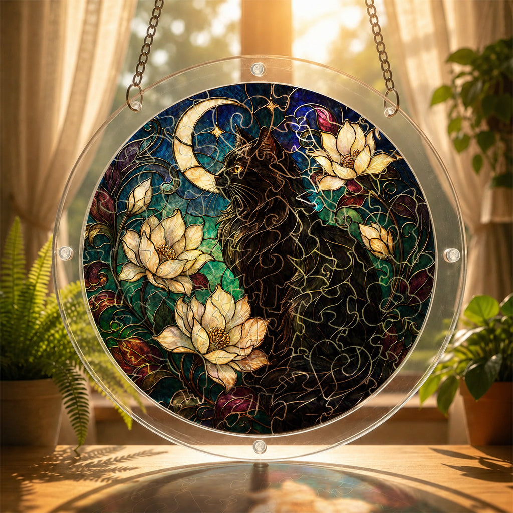 Black cat memorial puzzle suncatcher glowing in a sunny window