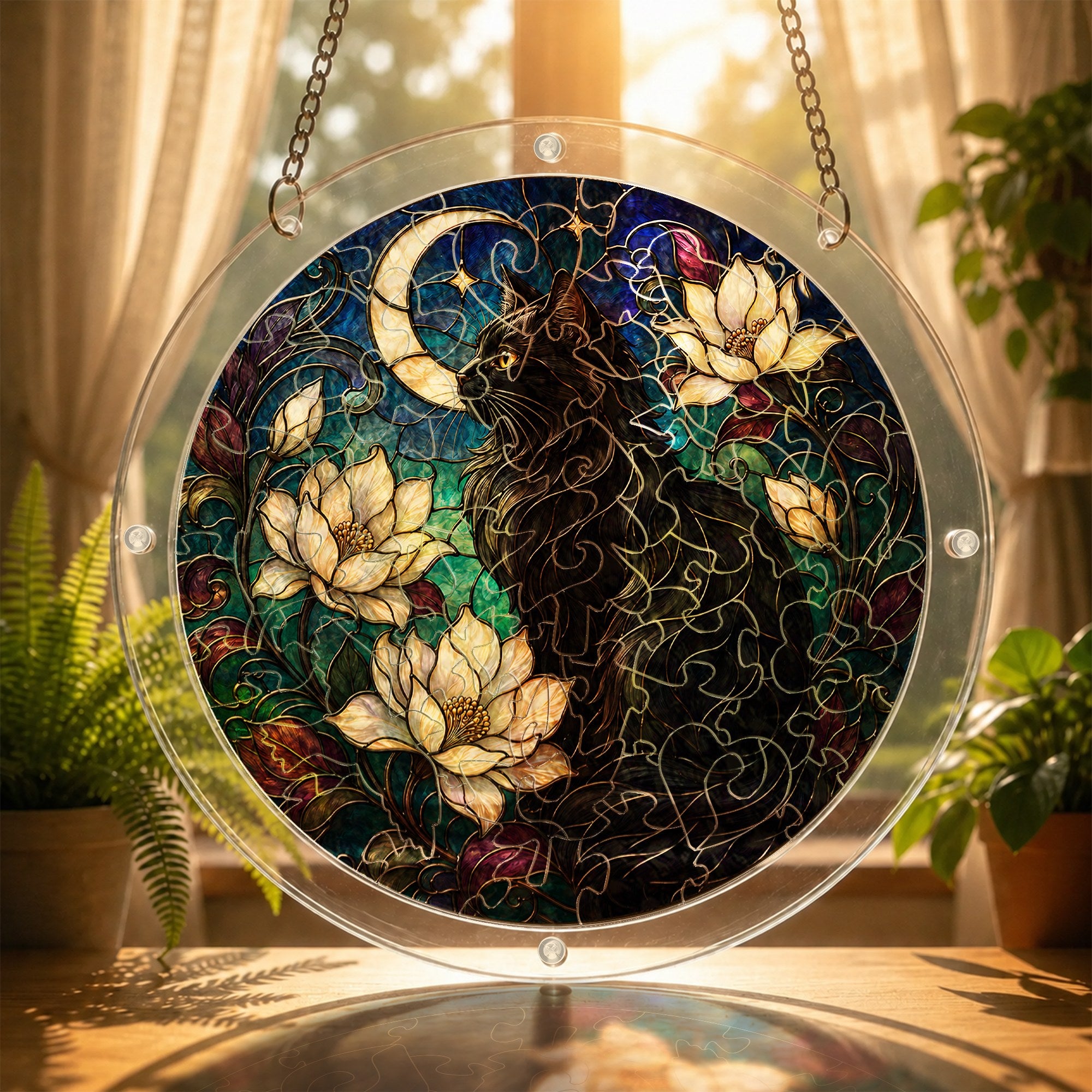 Black cat memorial puzzle suncatcher glowing in a sunny window