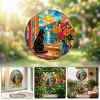 Black Cat & Seaside Window Stained Glass Suncatcher