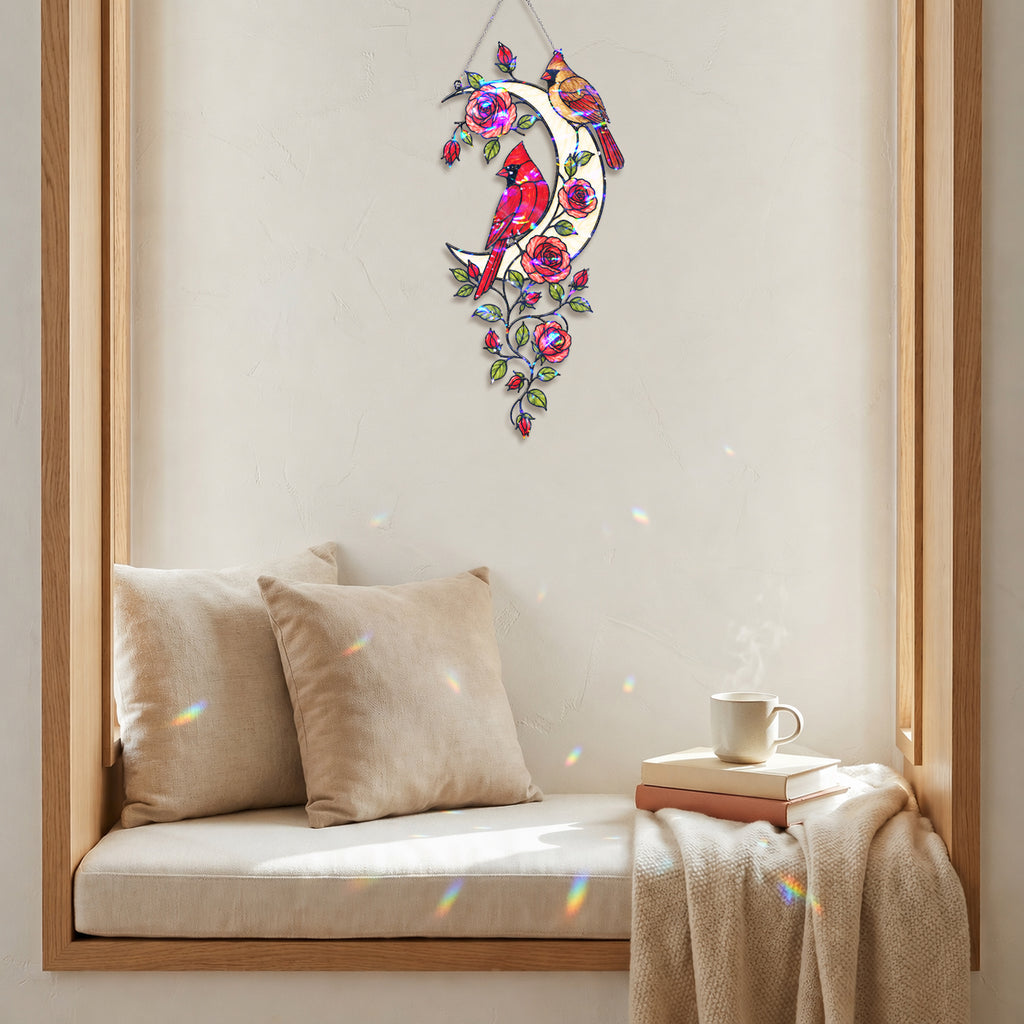 Cardinal Pair & Roses Crescent Moon Holographic Acrylic Suncatcher