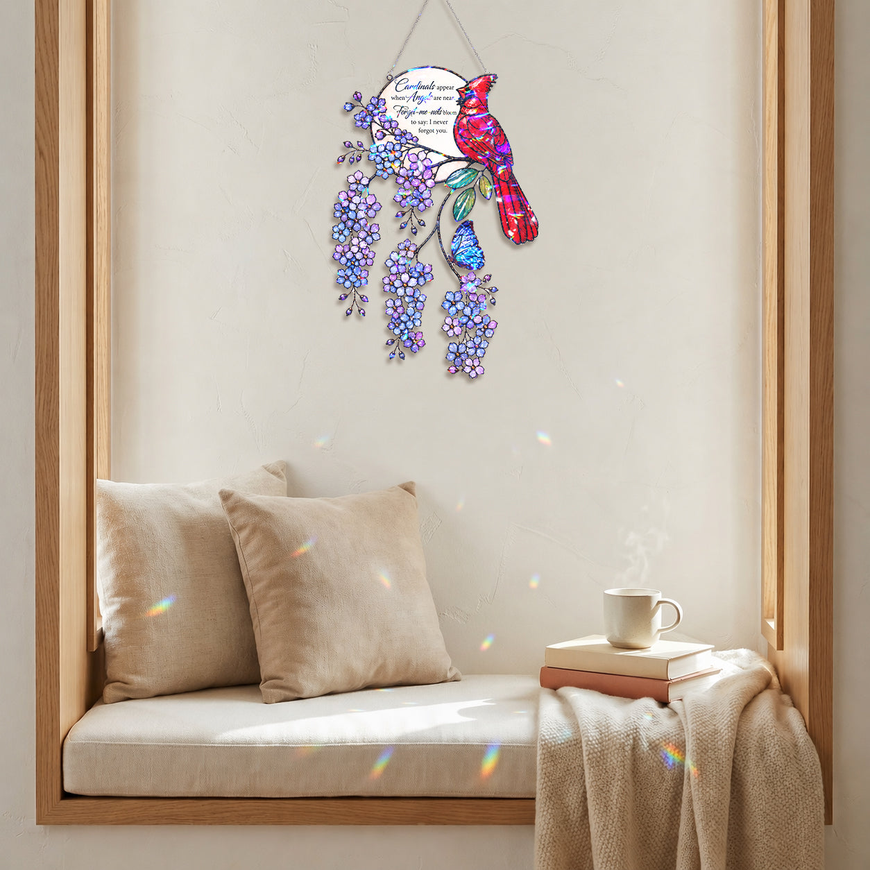 Cardinal & Forget-Me-Not Memorial Moon Holographic Acrylic Suncatcher