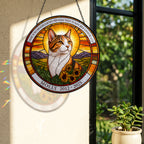 Cat memorial suncatcher casting colorful light by a sunny window
