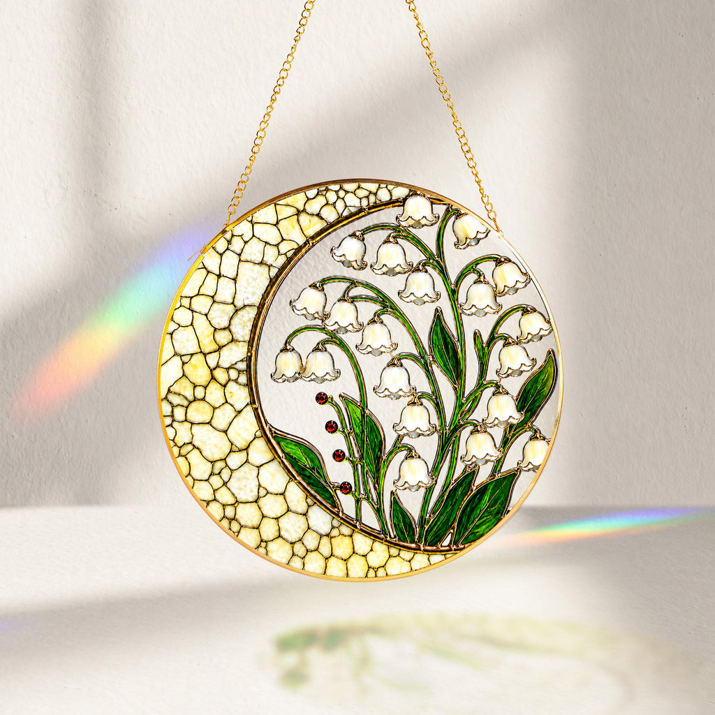 Lily of the Valley Stained Glass Suncatcher – Crescent Moon