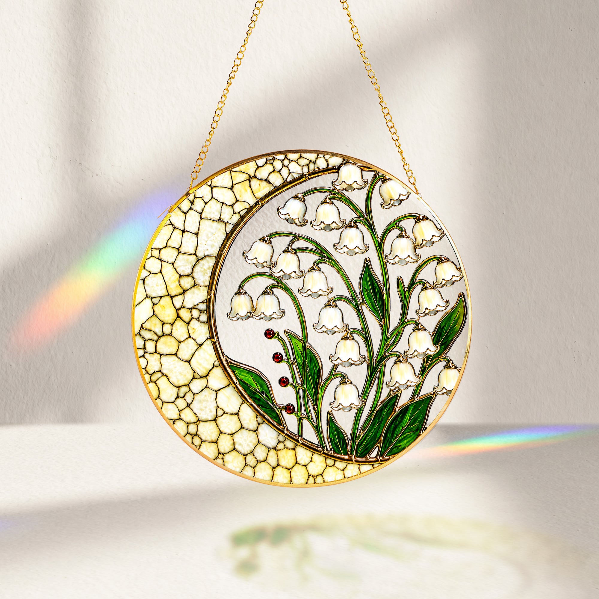 Lily of the Valley Stained Glass Suncatcher – Crescent Moon