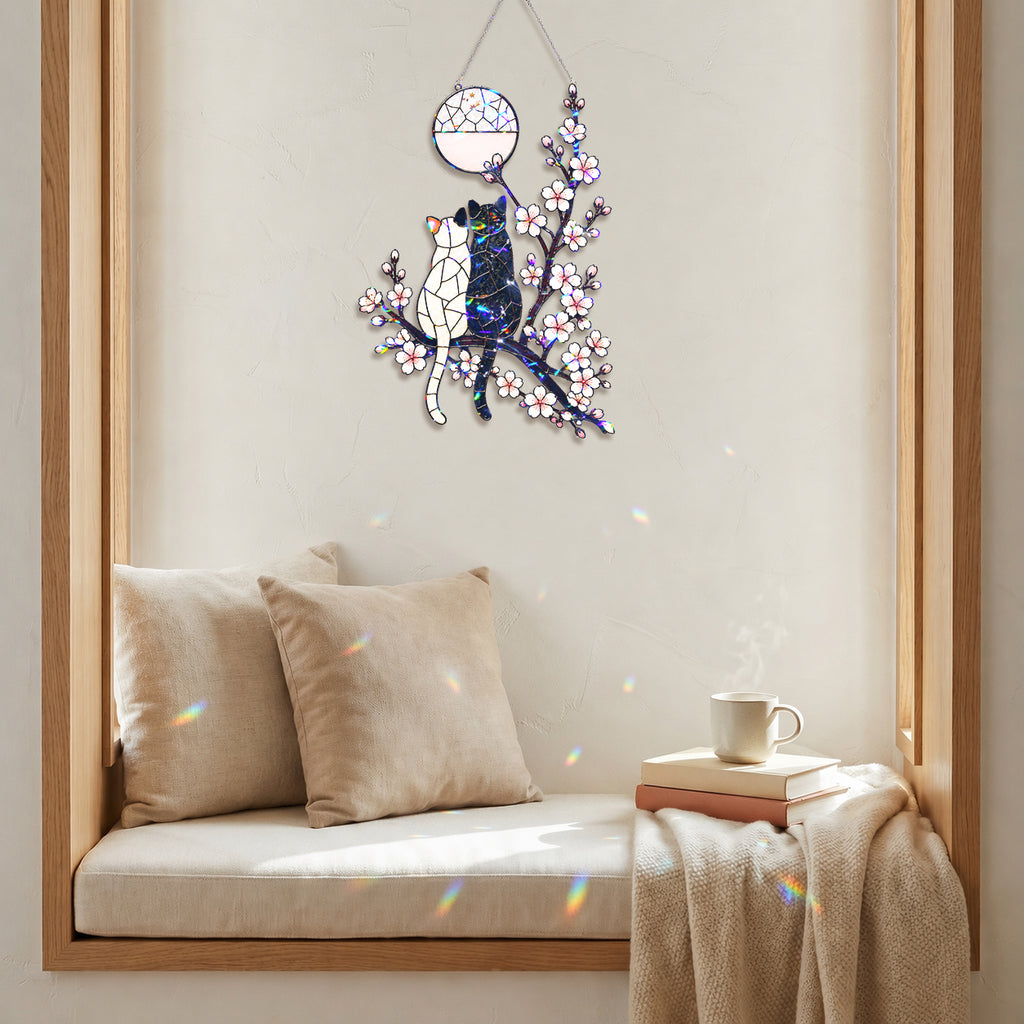 Cat Couple & Cherry Blossom Moon Holographic Acrylic Suncatcher