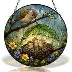 Bird Family Leaf Umbrella Stained Glass Suncatcher