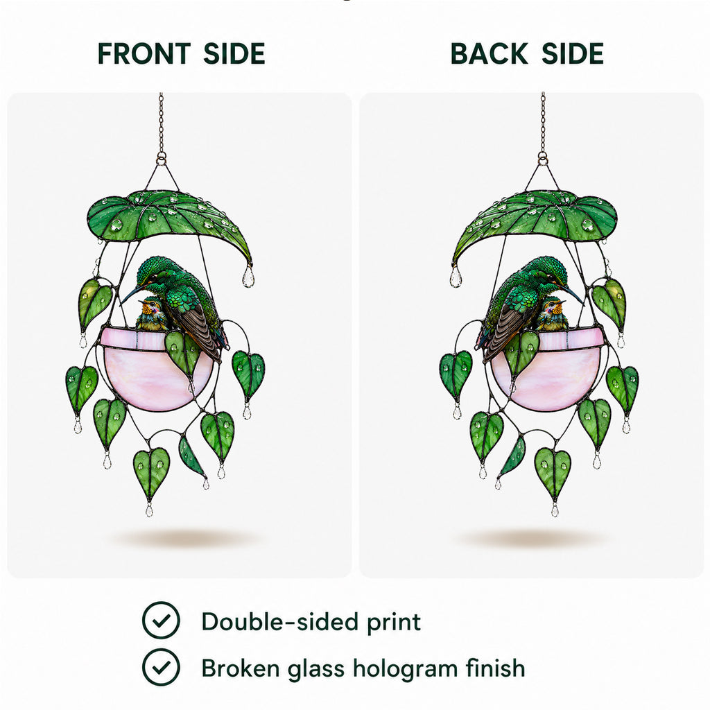 Hummingbird & Hanging Planter Holographic Acrylic Suncatcher
