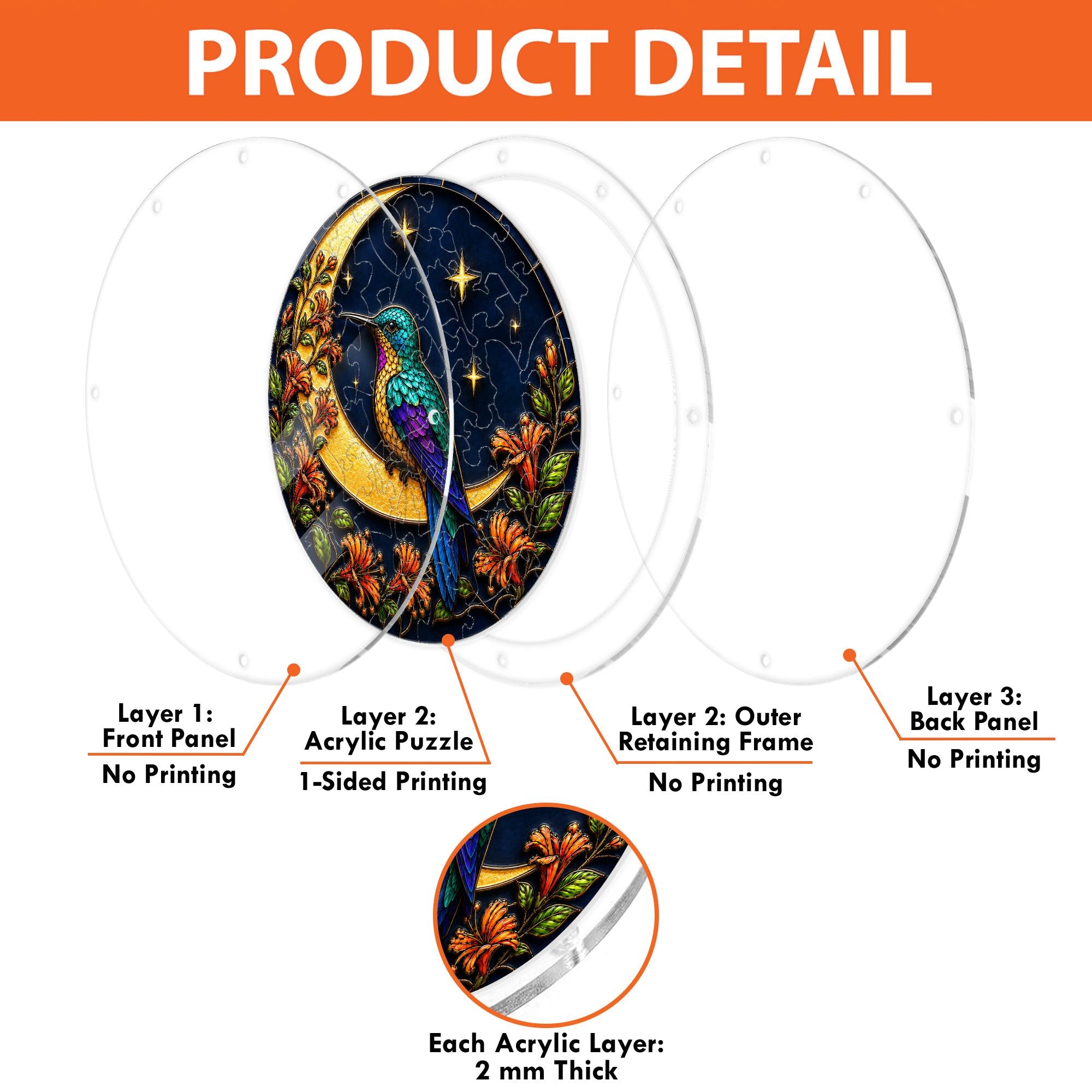 Hummingbird crescent-moon puzzle suncatcher held up to a sunlit window by hand
