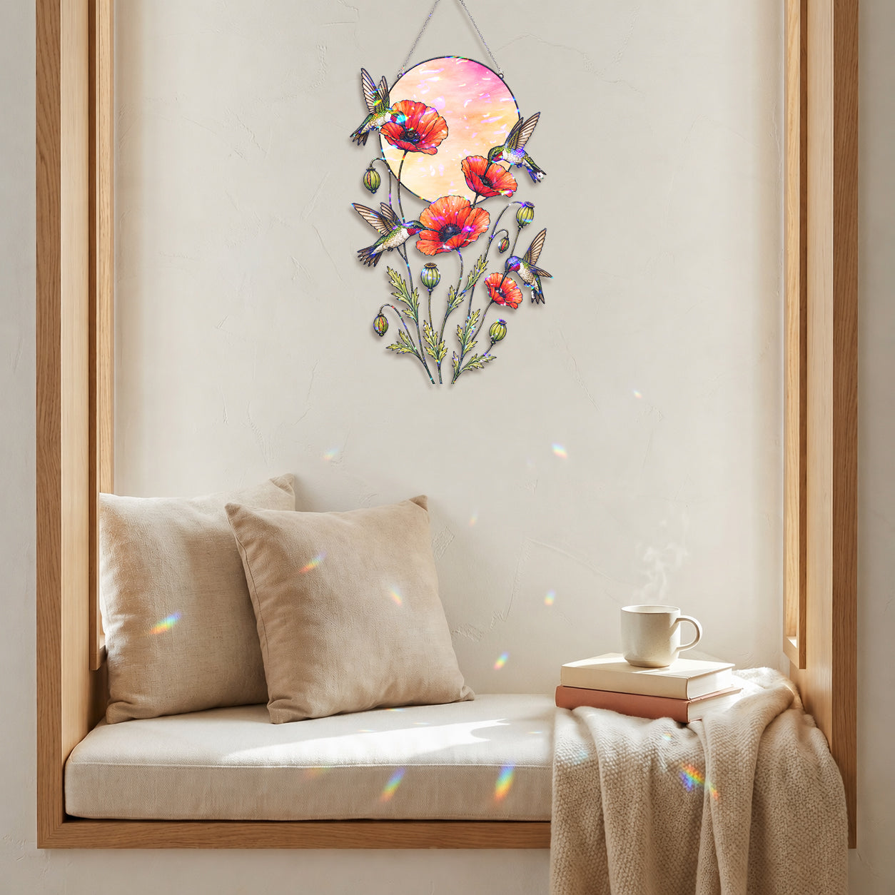 Hummingbirds & Red Poppy Sunset Moon Holographic Acrylic Suncatcher