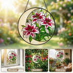 Lily stained glass suncatcher shown as window, garden, and balcony decor