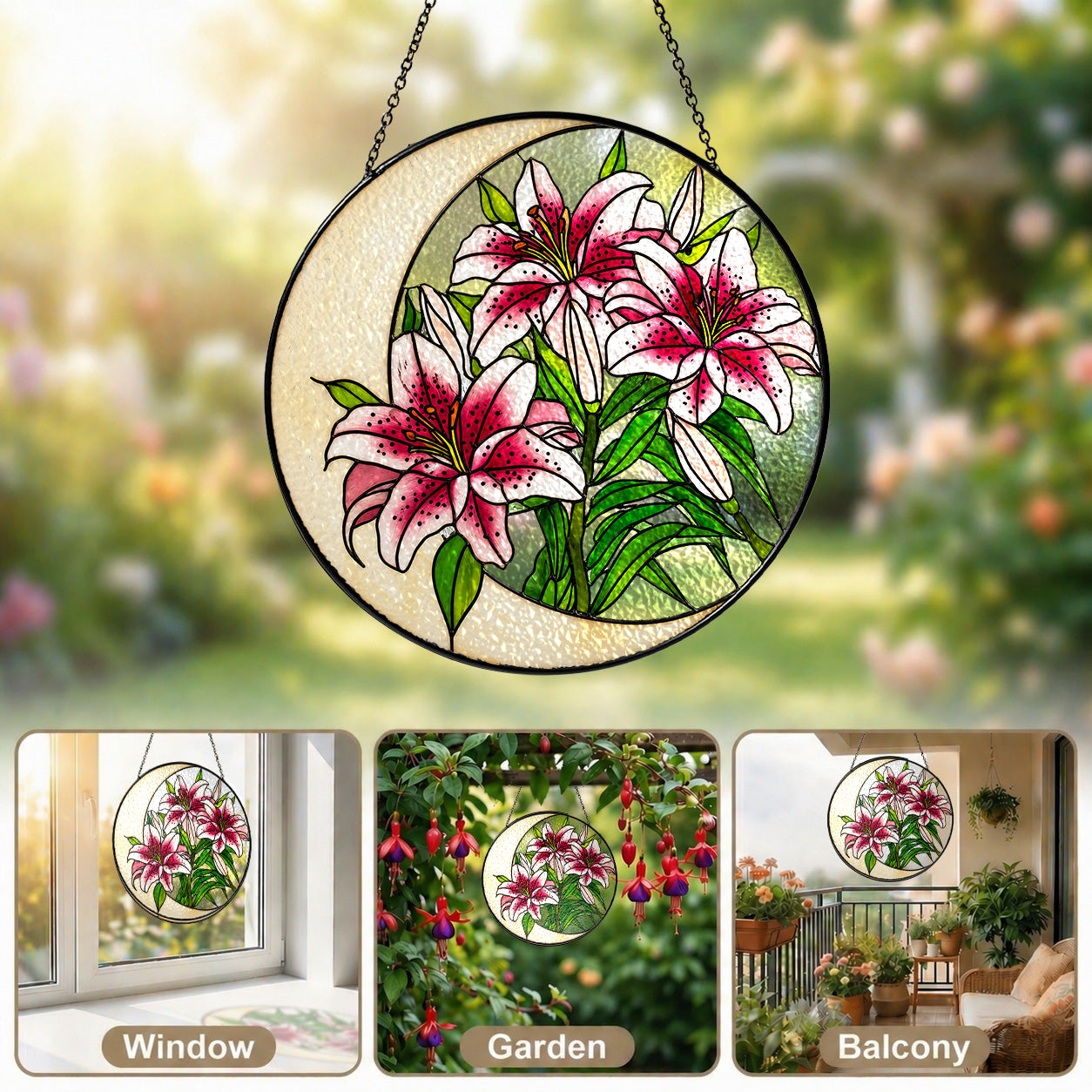 Lily stained glass suncatcher shown as window, garden, and balcony decor