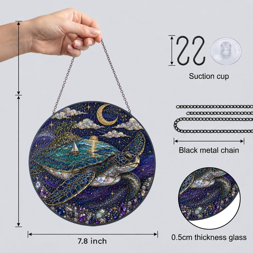[PIXIWOO] Stained Glass Suncatcher Sea Turtle Window Hanging Decor, Ocean Turtle Island Acrylic Ornament, Moon Star Coastal Wall Art, Fantasy Beach House Sun Catcher Gift for Turtle Lovers