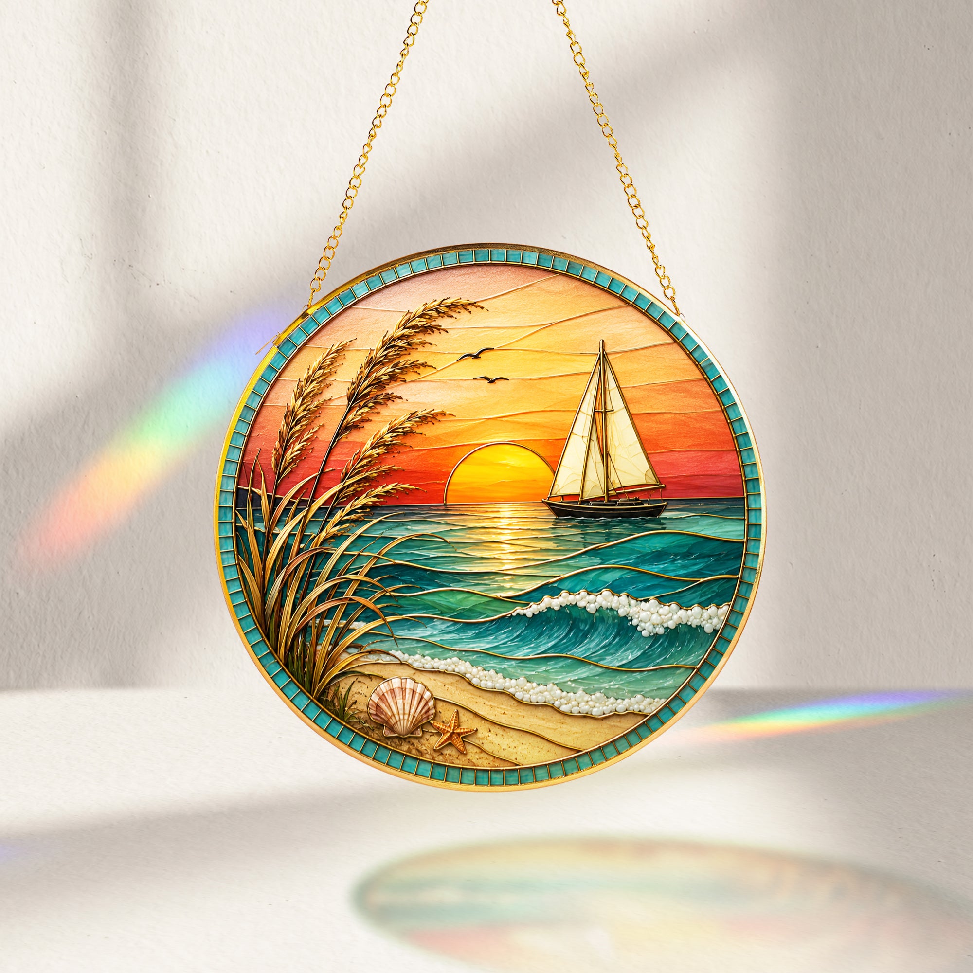 [ PIXIWOO] Stained Glass Suncatcher Sunset Sailboat Window Hanging Decor, Ocean Beach Acrylic Ornament, Coastal Beach House Wall Art, Nautical Sea Waves Sun Catcher Gift for Ocean Lovers