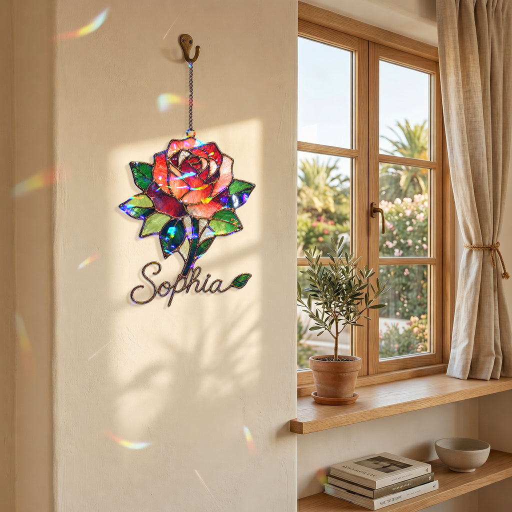 Personalized Red Rose Holographic Acrylic Suncatcher