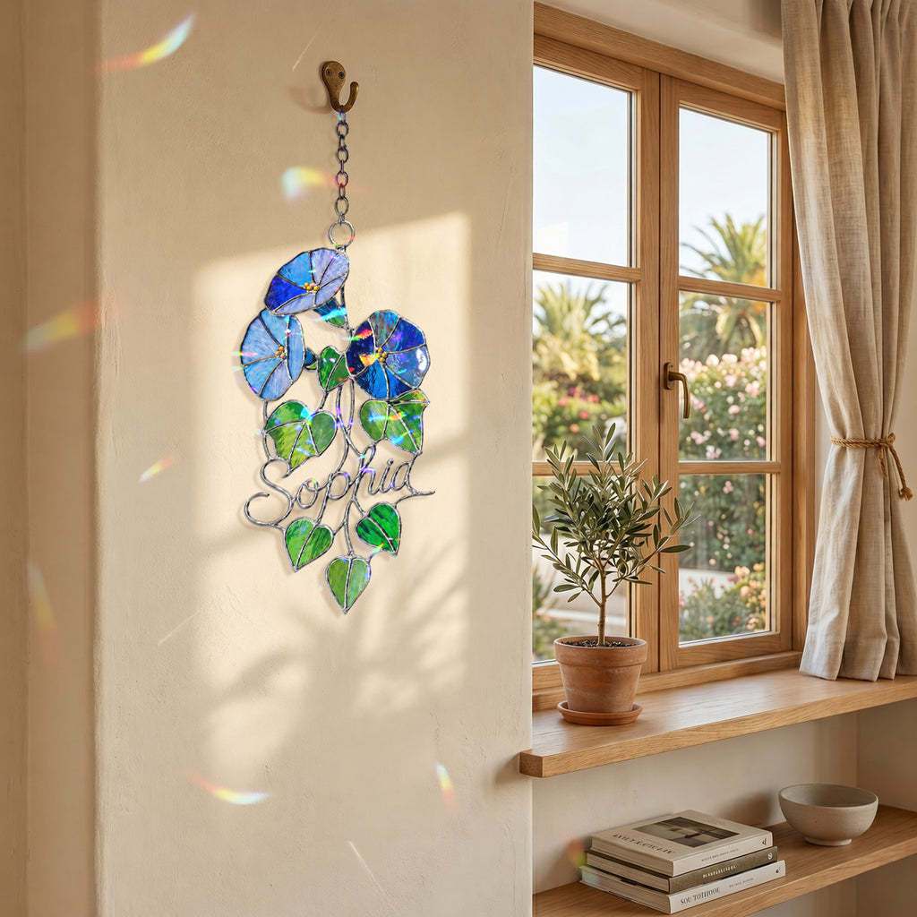 Personalized Blue Morning Glory Holographic Acrylic Suncatcher
