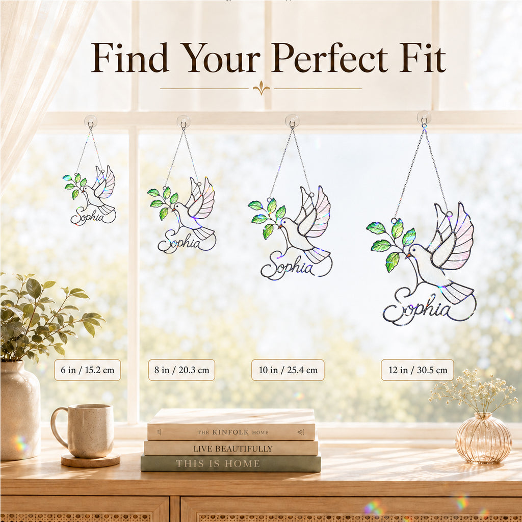 Personalized White Dove & Olive Branch Holographic Acrylic Suncatcher