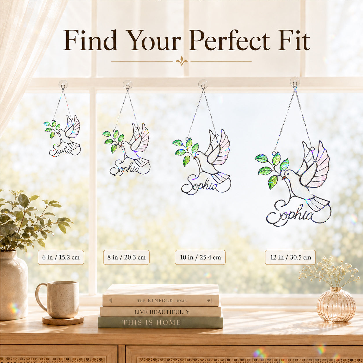 Personalized White Dove & Olive Branch Holographic Acrylic Suncatcher