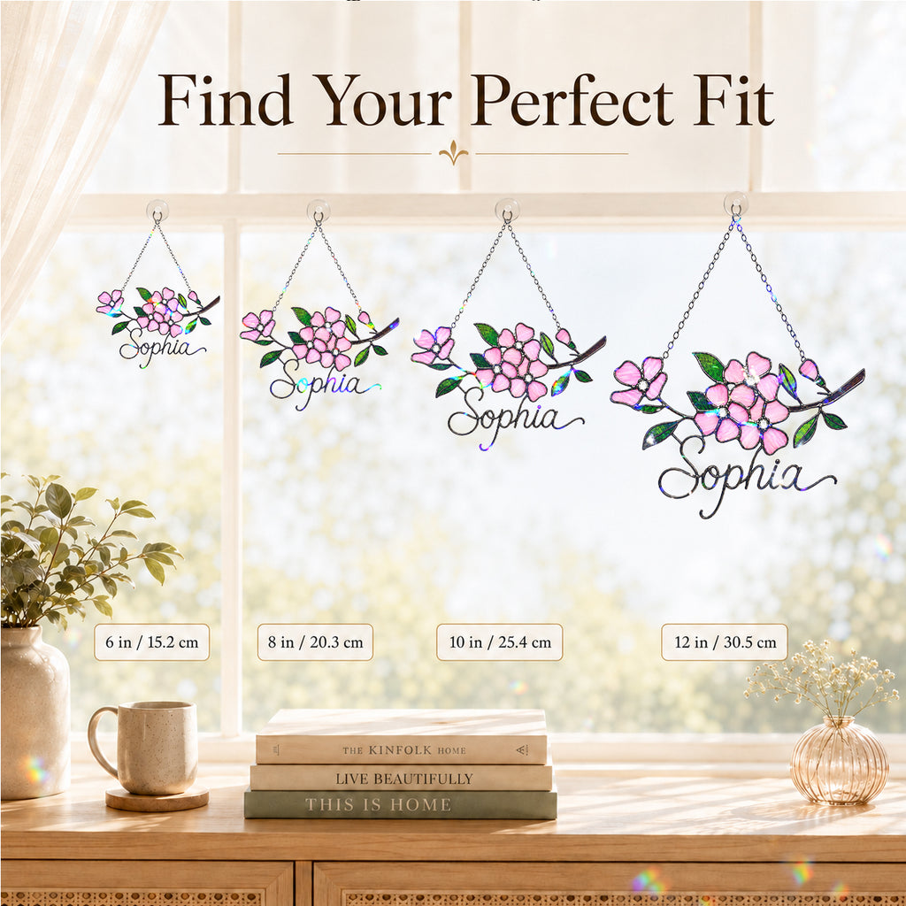 Personalized Pink Cherry Blossom Branch Holographic Acrylic Suncatcher