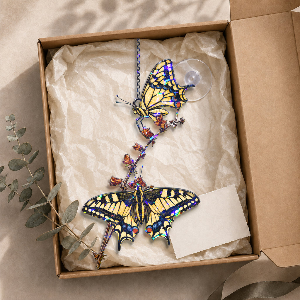 Two Swallowtail Butterflies on Blossom Branch Holographic Acrylic Suncatcher