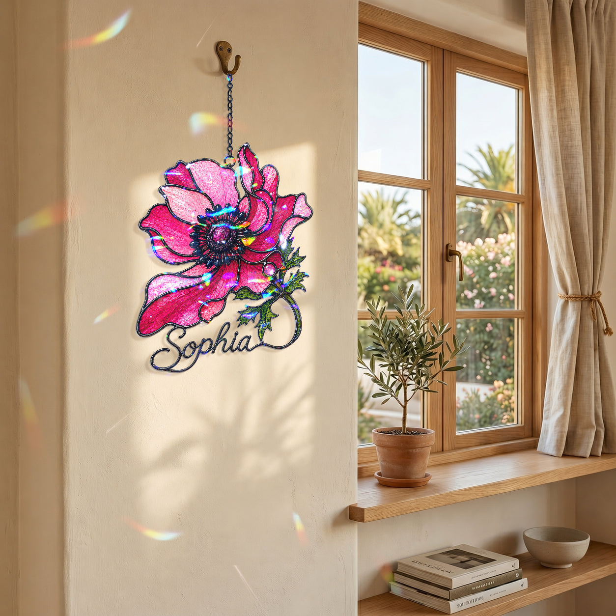 Personalized Pink Anemone Flower Holographic Acrylic Suncatcher