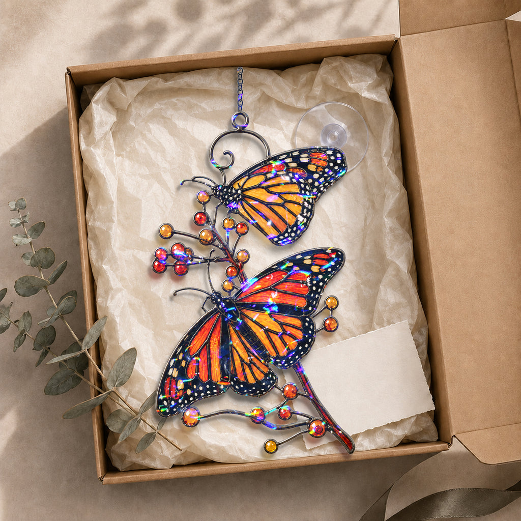 Monarch Butterflies & Berry Branch Holographic Acrylic Suncatcher