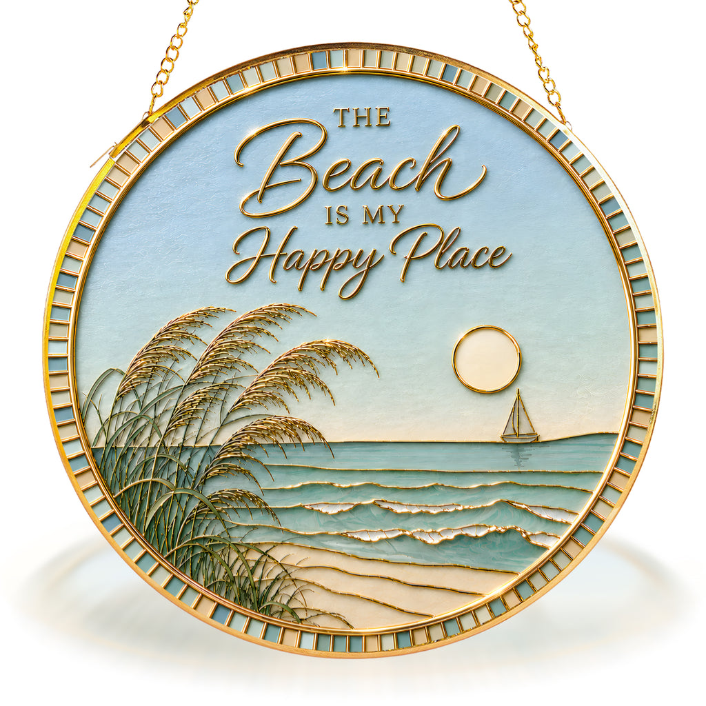 [PIXIWOO] Stained Glass Suncatcher Beach Window Hanging Decor, The Beach Is My Happy Place Ocean Acrylic Ornament, Coastal Wall Art, Beach House Sun Catcher Gift for Ocean Lovers