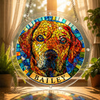 Rainbow mosaic dog suncatcher glowing in warm sunlight by a window with plants